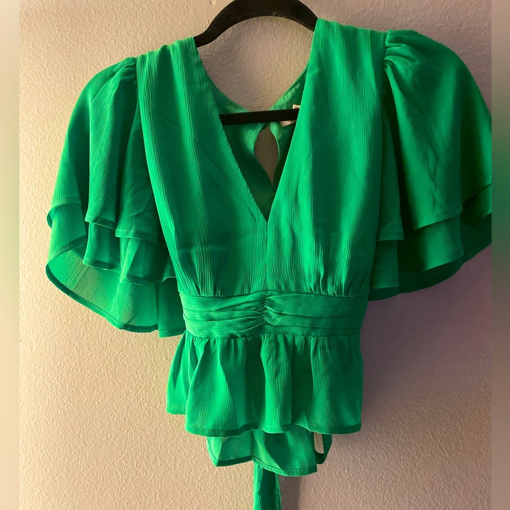 Chiffon wrap ruffle sleeve blouse